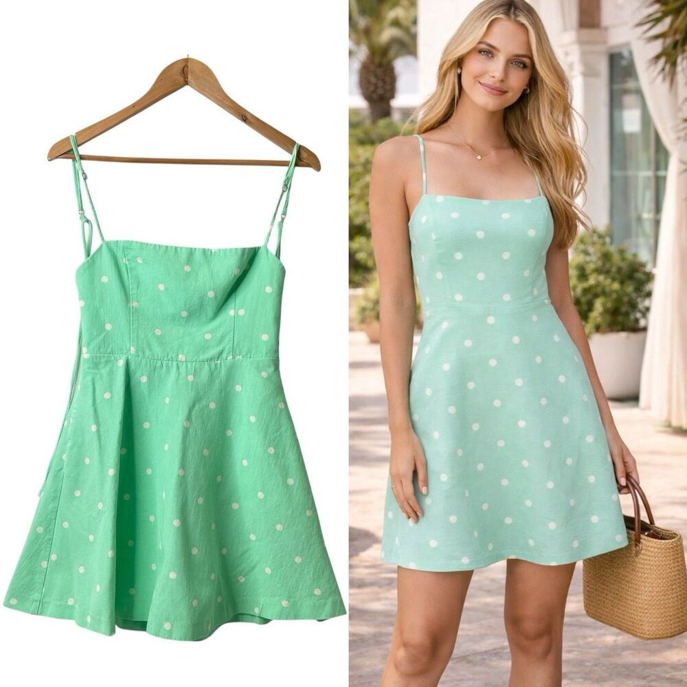Zara Polka Dot Linen Blend Mini Sun Dress Sz M Mint Green Tie Back Pocket Resort